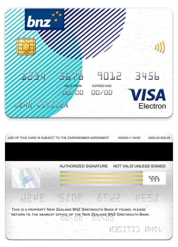 Fillable New Zealand BNZ Greymouth bank visa electron card Templates