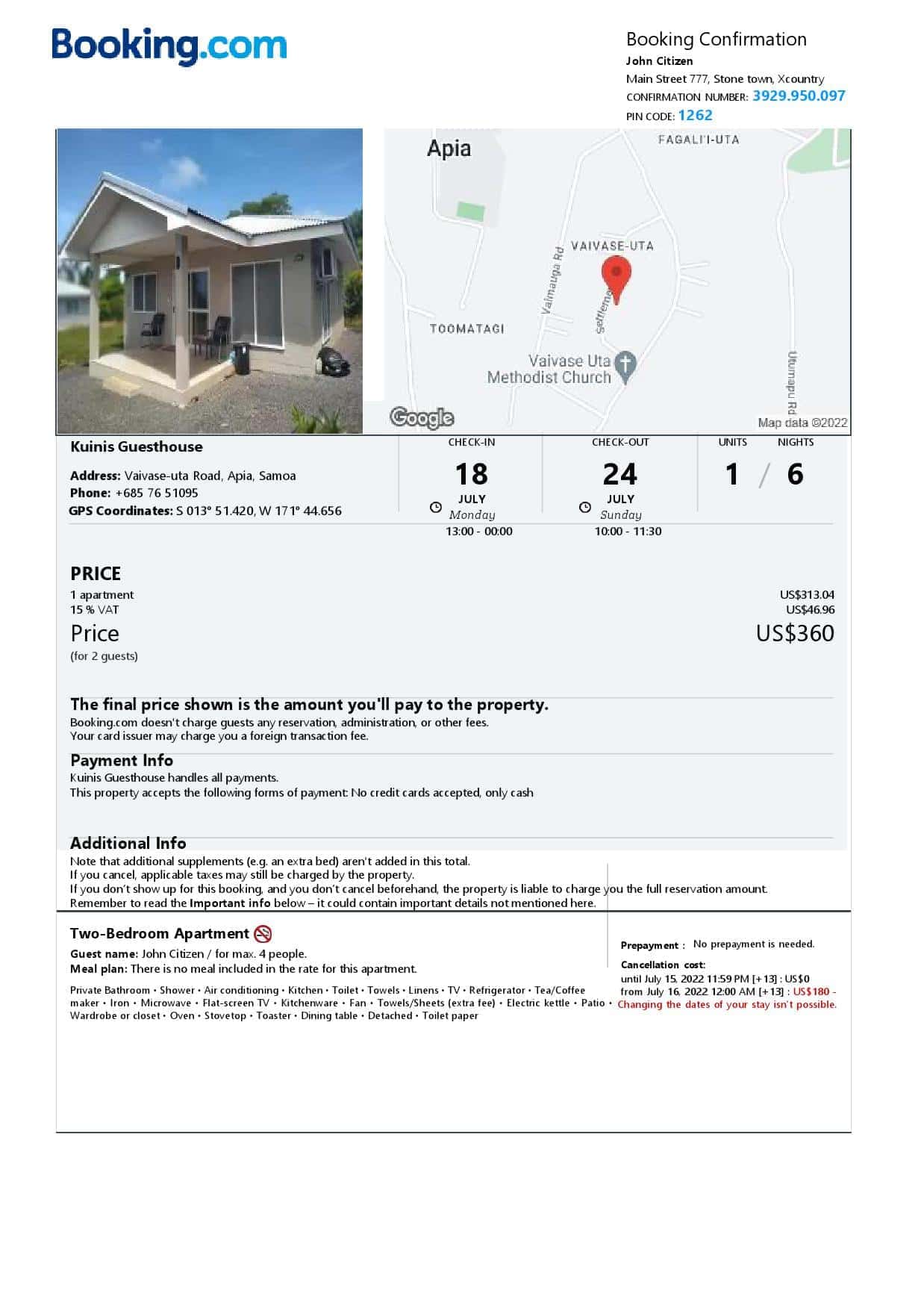 Samoa hotel booking confirmation Word and PDF template, 2 pages Samoa hotel booking confirmation Word and PDF template, 2 pages