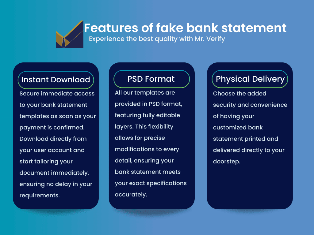 Infographic highlighting features of fake bank statements available at Mr. Verify: Instant Download, Editable PSD Format, and Secure Physical Delivery. Details include customizable PSD files for precise detail editing and options for secure, private delivery of printed statements.
