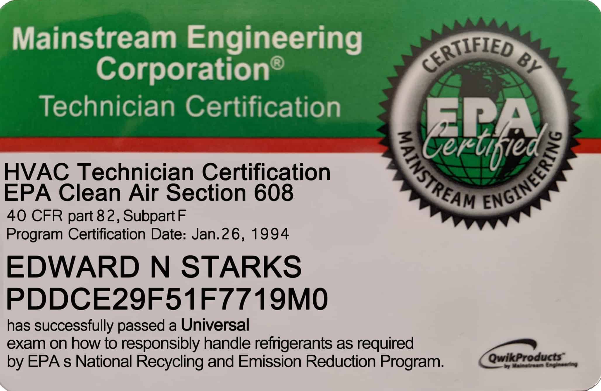 HVAC Fake EPA Technician Certification Card Template EPA 608