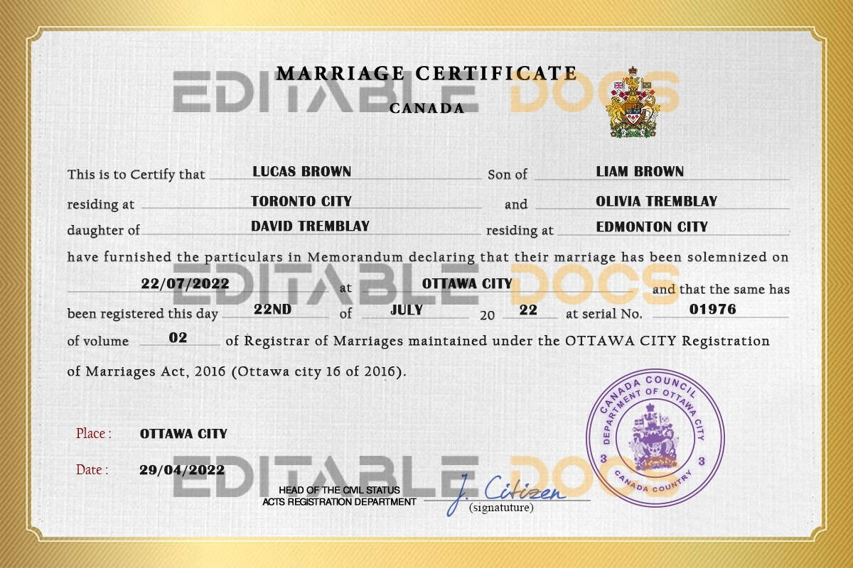 Canada Marriage Certificate Editable PSD Templates