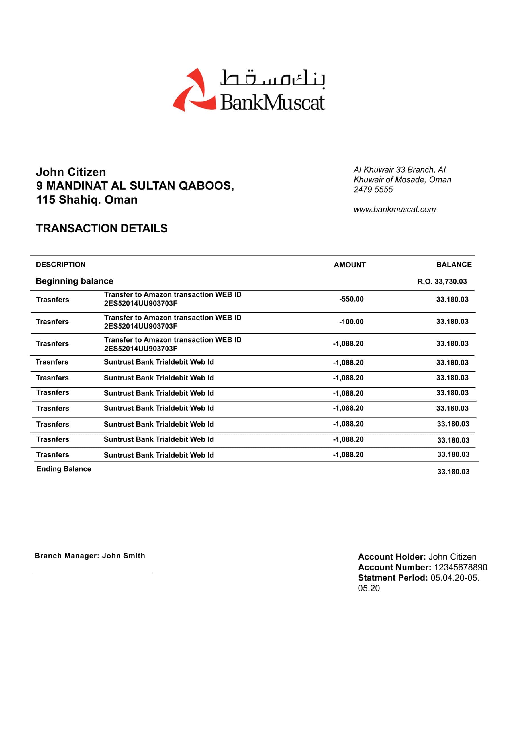 Fake Bank Muscat Business Statement
