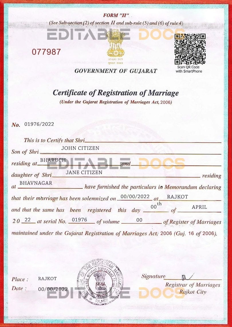 India governement of gujarat Marriage Certificate Editable PSD Templates India governement of gujarat Marriage Certificate Editable PSD Templates