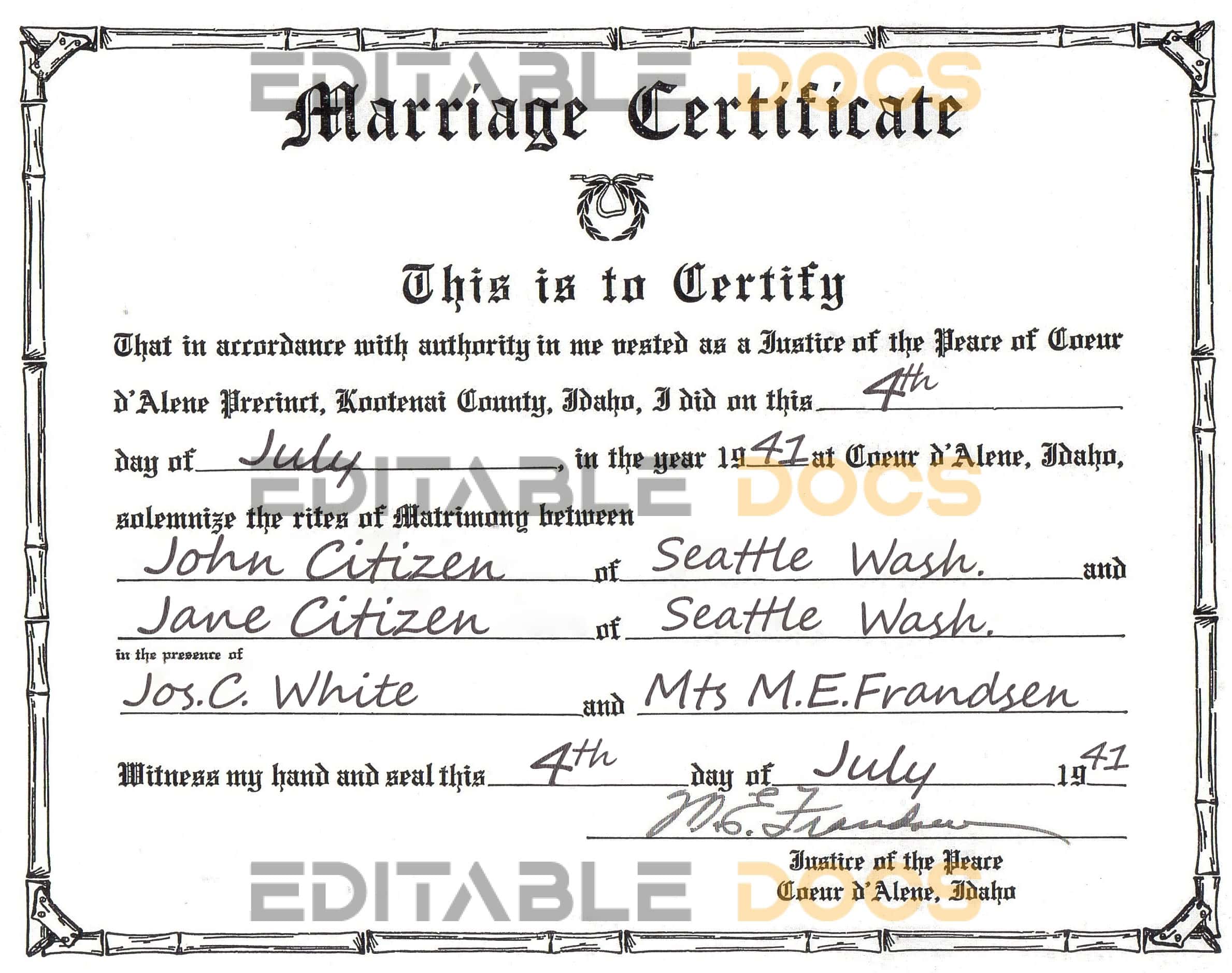 USA Idaho Marriage Certificate Editable PSD Templates