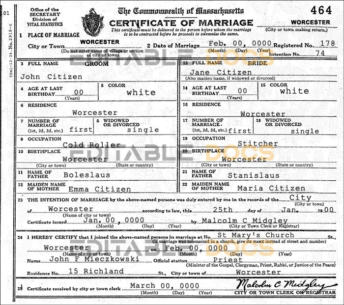 USA Massachusetts Marriage Certificate Editable PSD Templates