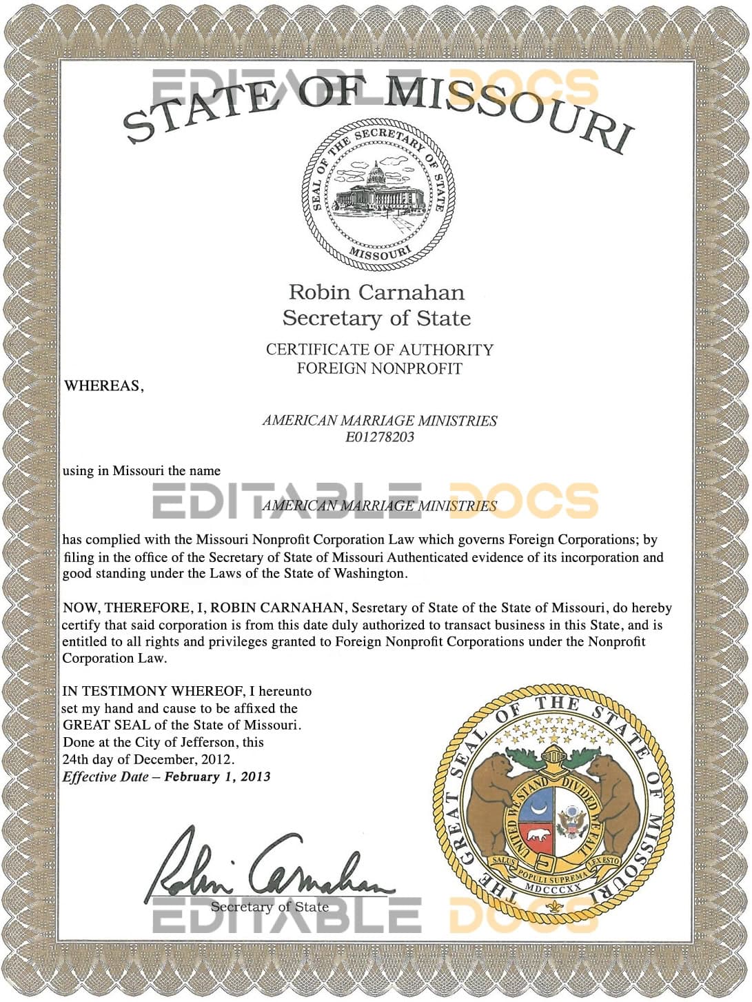USA Missouri Marriage Certificate Editable PSD Templates