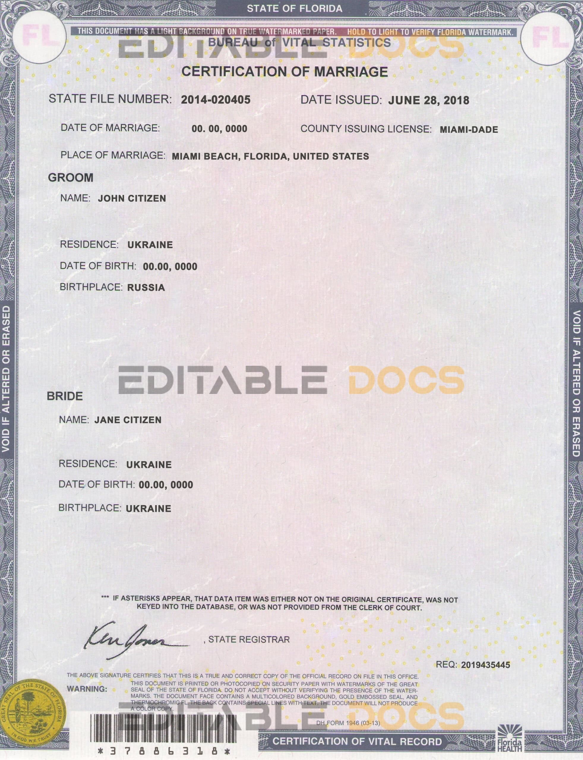 USA florida Marriage Certificate Editable PSD Templates