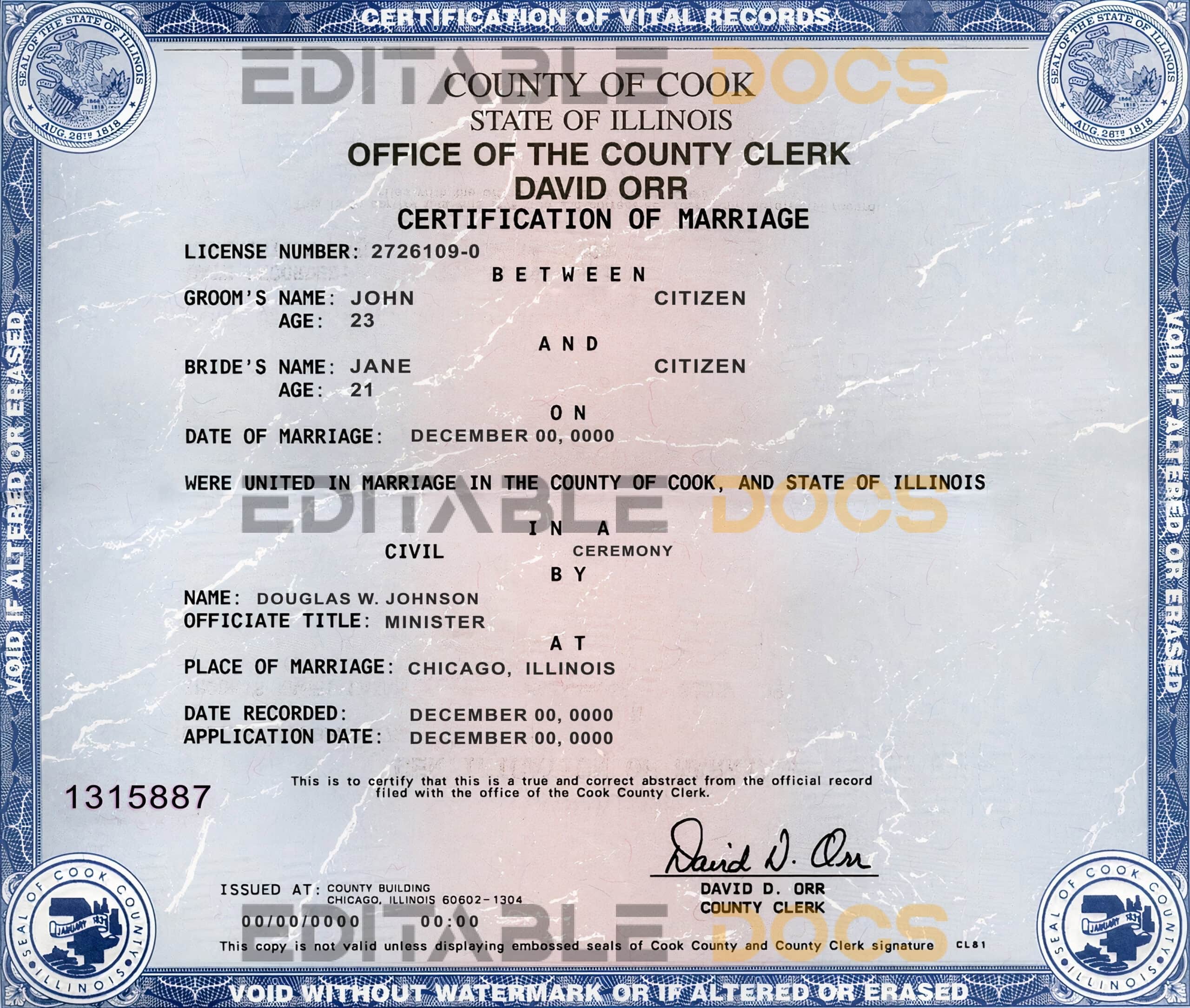 illinois Marriage Certificate Editable PSD Templates
