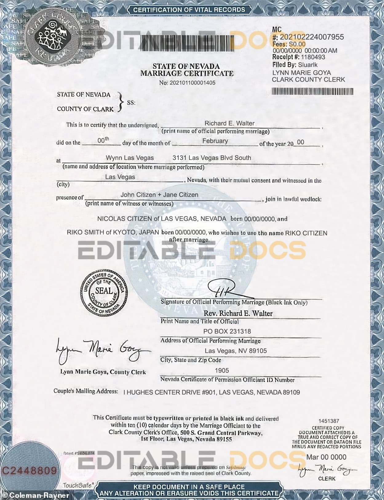 nevada Marriage Certificate Editable PSD Templates