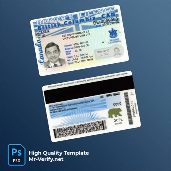 Canada province British Columbia Driver License PSD Template new version 2022 to present
