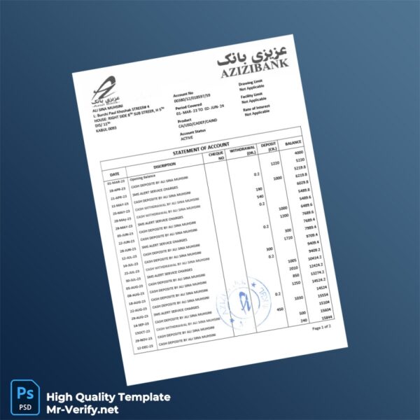 Afghanistan Azizi Bank Statement Template in Word and PDF formats Afghanistan Azizi Bank Statement Template in Word and PDF formats