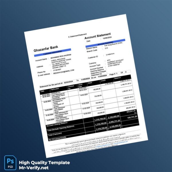Afghanistan Ghazanfar Bank Account Statement Template in Word and PDF formats