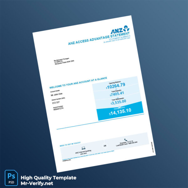 Australia ANZ Bank Statement Template in Word and PDF formats