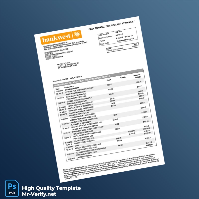 Australia Bankwest Bank Statement Template in Word and PDF formats Australia Bankwest Bank Statement Template in Word and PDF formats
