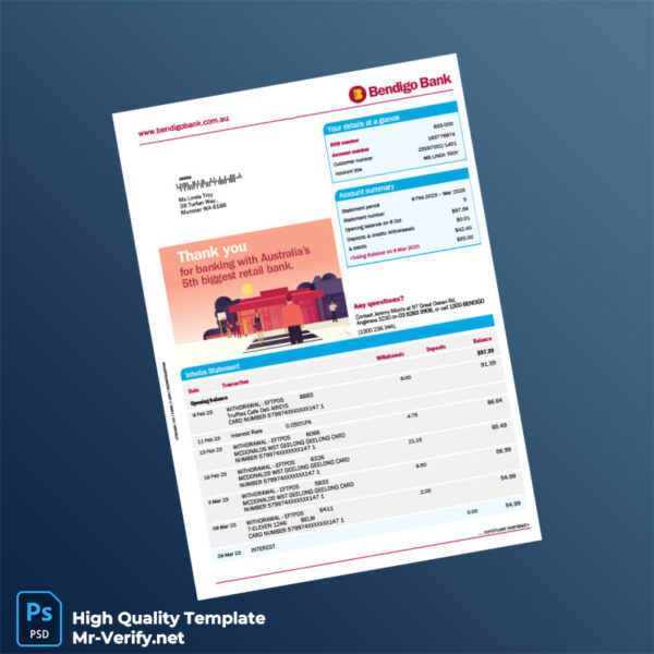 Australia Bendigo Bank Statement Template in Word and PDF formats