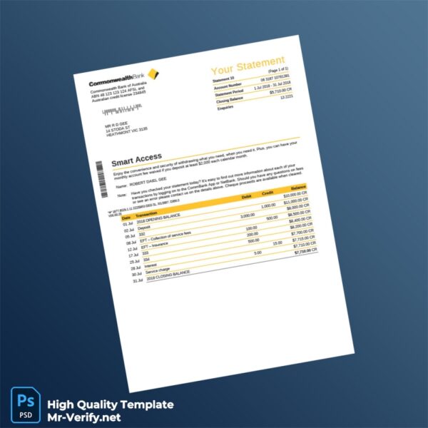 Australia Commonwealth Bank Bank Statement Template in Word and PDF formats