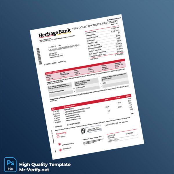 Australia Heritage Bank Credit Card Statement Template in Word and PDF formats
