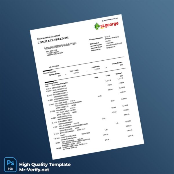 Australia St George Bank Statement Template in Word and PDF formats