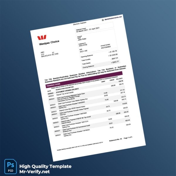 Australia Westpac Bank Statement Template in Word and PDF formats Australia Westpac Bank Statement Template in Word and PDF formats