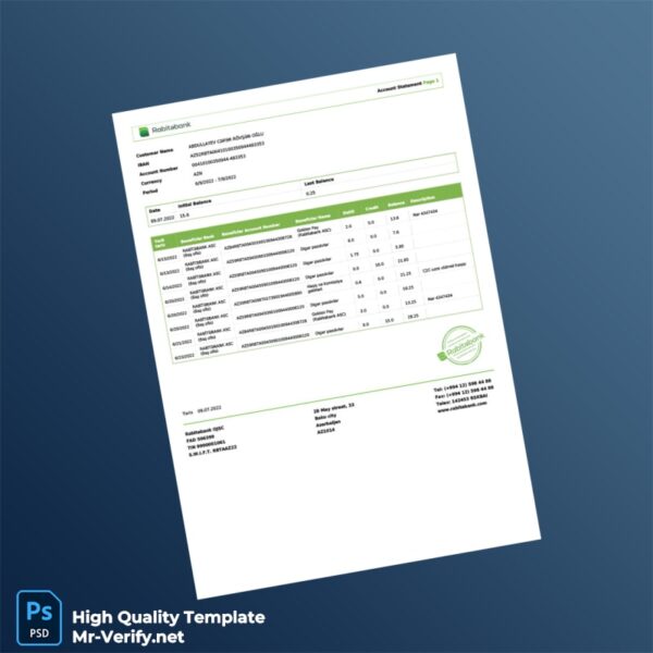 Azerbaijan Rabitabank Bank Statement Template in Word and PDF formats