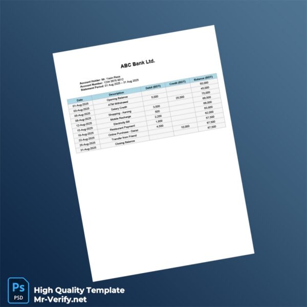 Bangladesh ABC Bank Statement Template in Word and PDF formats