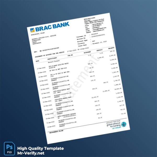 Bangladesh BRAC Bank Statement Template in Word and PDF formats Bangladesh BRAC Bank Statement Template in Word and PDF formats