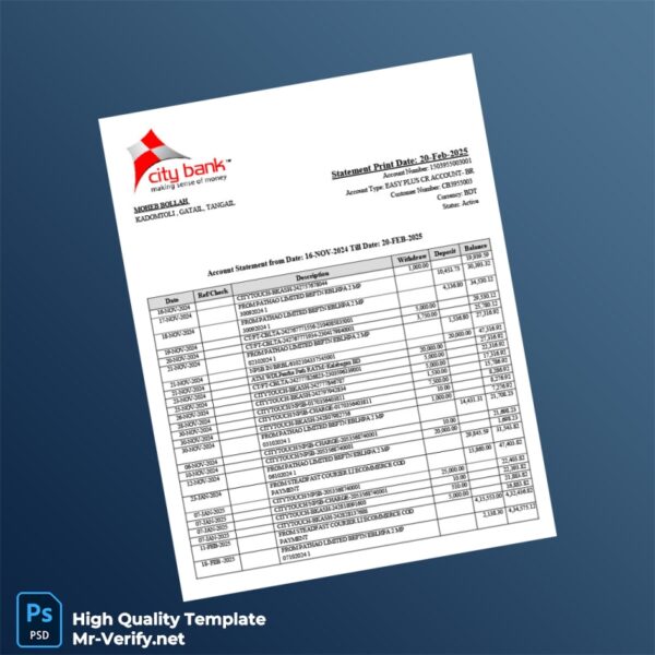 Bangladesh City Bank Account Statement Template in Word and PDF formats