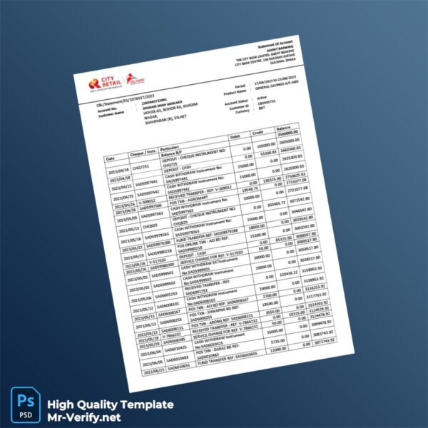 Bangladesh City Bank Limited Statement Template in Word and PDF formats