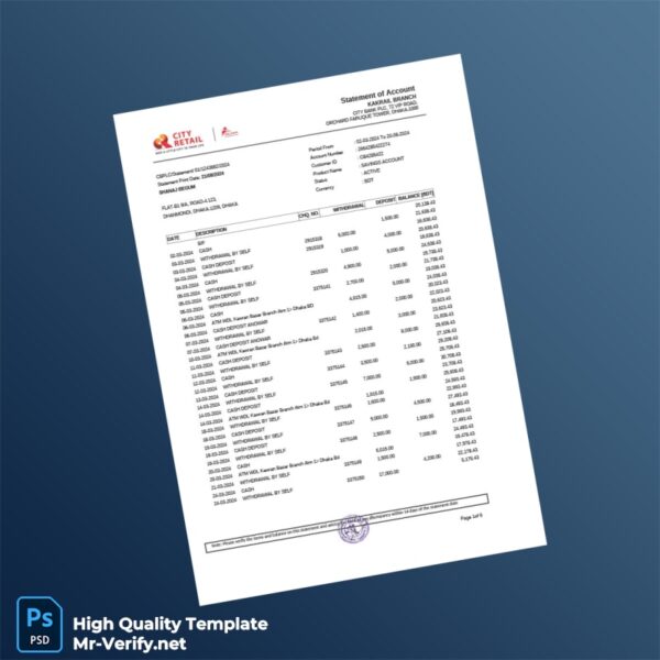 Bangladesh City Bank Statement Template in Word and PDF formats