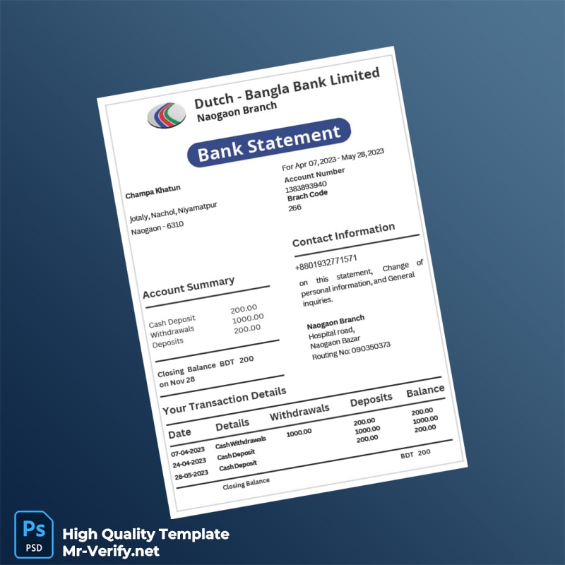 Bangladesh Dutch-Bangla Bank Statement Template in Word and PDF formats Bangladesh Dutch-Bangla Bank Statement Template in Word and PDF formats