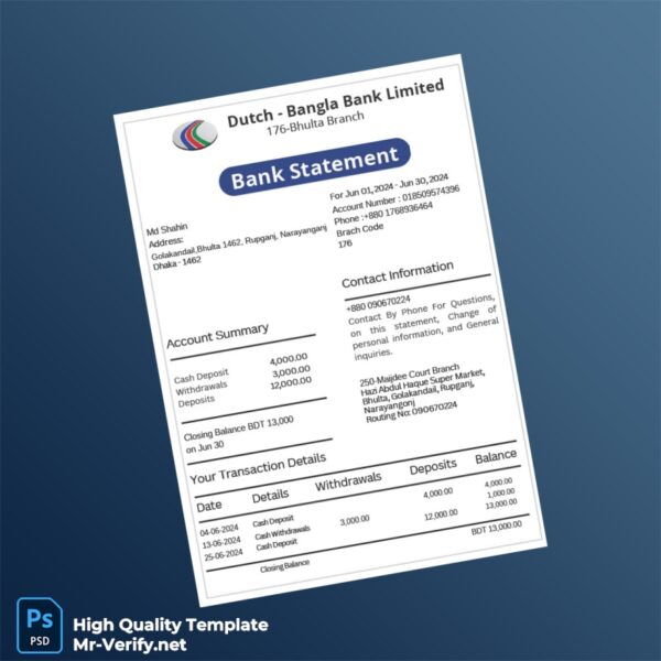 Bangladesh Dutch Bangla Bank Statement Template in Word and PDF formats