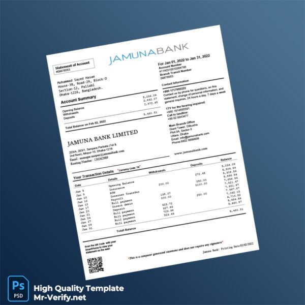 Bangladesh Jamuna Bank Statement Template in Word and PDF formats Bangladesh Jamuna Bank Statement Template in Word and PDF formats