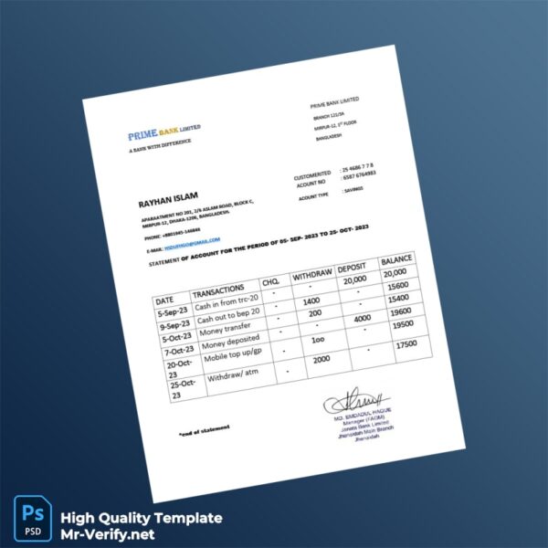 Bangladesh Janata Bank Limited Bank Statement Template in Word and PDF formats