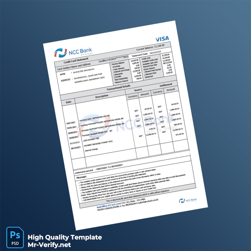 Bangladesh NCC Bank Credit Card Statement Template in Word and PDF formats Bangladesh NCC Bank Credit Card Statement Template in Word and PDF formats