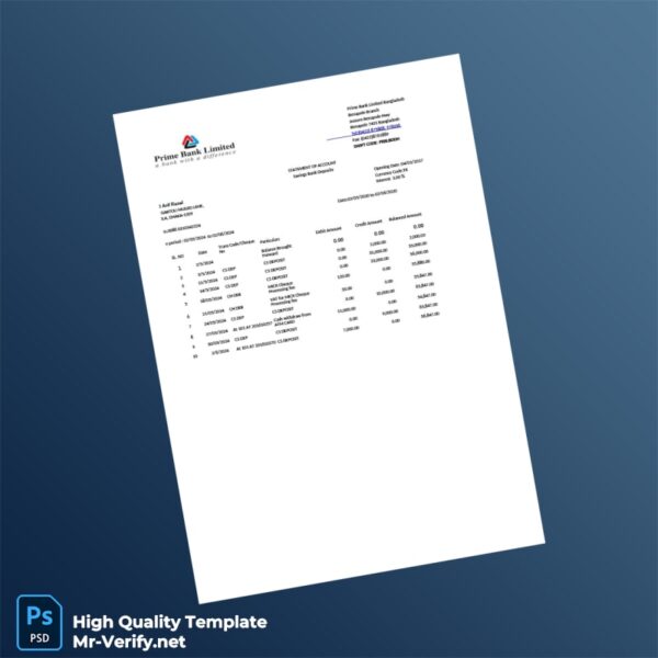 Bangladesh Prime Bank Statement Template in Word and PDF formats Bangladesh Prime Bank Statement Template in Word and PDF formats