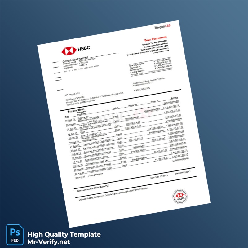 Bosnia and Herzegovina HSBC Bank Statement Template in Word and PDF formats Bosnia and Herzegovina HSBC Bank Statement Template in Word and PDF formats