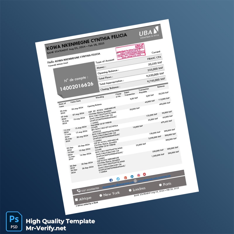 Cameroon United Bank for Africa Bank Statement Template in Word and PDF formats page 2 Cameroon United Bank for Africa Bank Statement Template in Word and PDF formats page 2