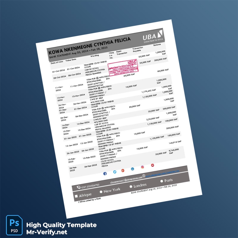 Cameroon United Bank for Africa Bank Statement Template in Word and PDF formats page 3 Cameroon United Bank for Africa Bank Statement Template in Word and PDF formats page 3