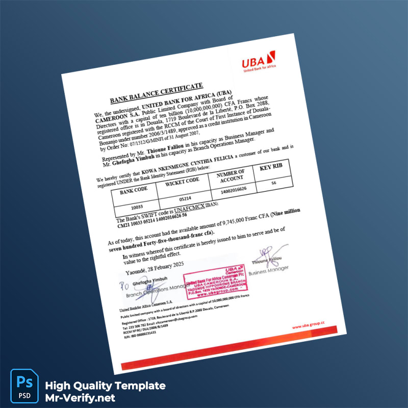 Cameroon United Bank for Africa Bank Statement Template in Word and PDF formats Cameroon United Bank for Africa Bank Statement Template in Word and PDF formats