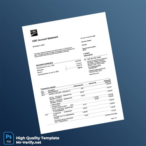 Canada CIBC Account Statement Template in Word and PDF formats