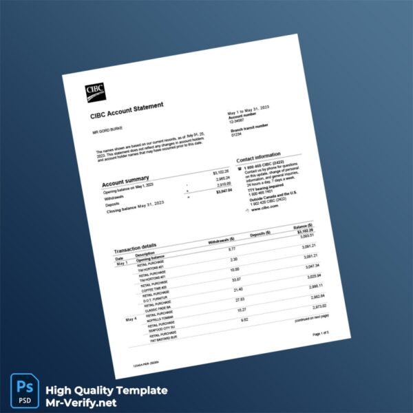 Canada CIBC Bank Statement Template in Word and PDF formats