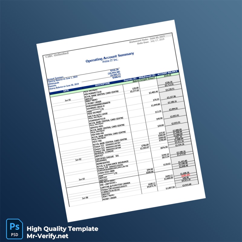 Canada CIBC Business Account Statement Template in Word and PDF formats Canada CIBC Business Account Statement Template in Word and PDF formats