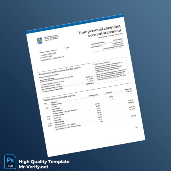 Canada Royal Bank of Canada Bank Statement Template in Word and PDF formats Canada Royal Bank of Canada Bank Statement Template in Word and PDF formats