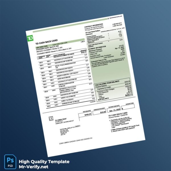 Canada TD Bank Credit Card Statement Template in Word and PDF formats Canada TD Bank Credit Card Statement Template in Word and PDF formats