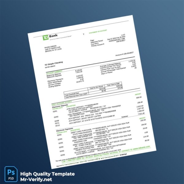 Canada TD Bank Statement Template in Word and PDF formats Canada TD Bank Statement Template in Word and PDF formats