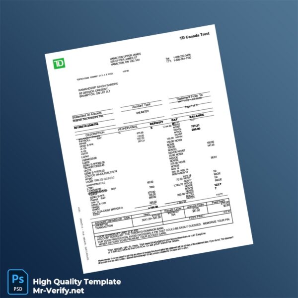 Canada TD Canada Trust Bank Statement Template in Word and PDF formats
