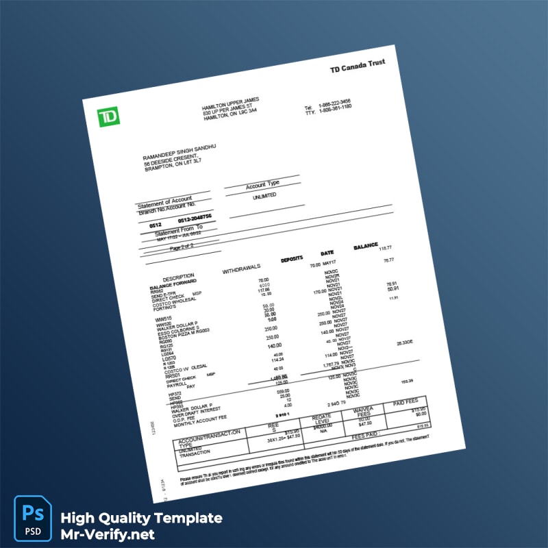 Canada TD Canada Trust Bank Statement Template in Word and PDF formats page 2 Canada TD Canada Trust Bank Statement Template in Word and PDF formats page 2