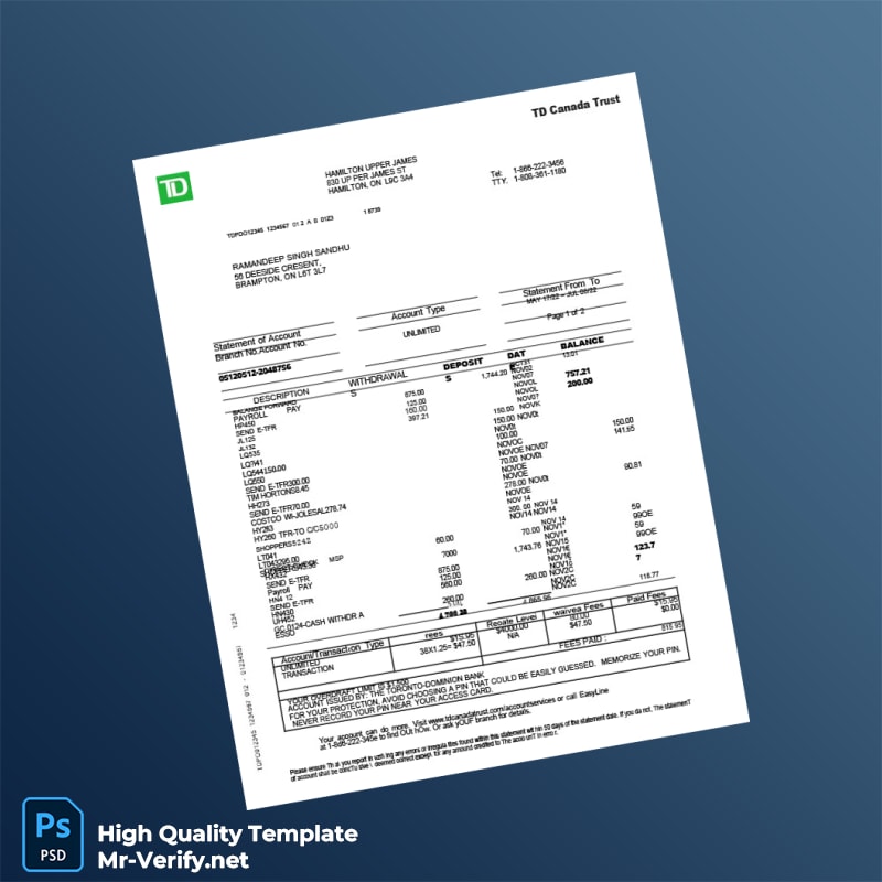 Canada TD Canada Trust Bank Statement Template in Word and PDF formats Canada TD Canada Trust Bank Statement Template in Word and PDF formats