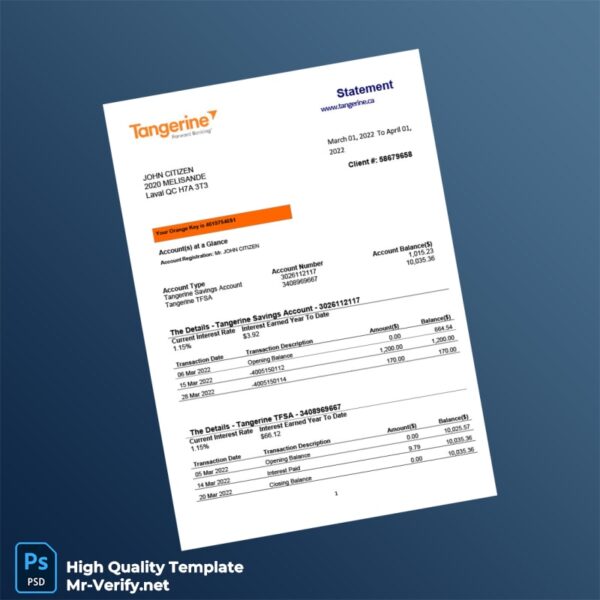 Canada Tangerine Bank Statement Template in Word and PDF formats