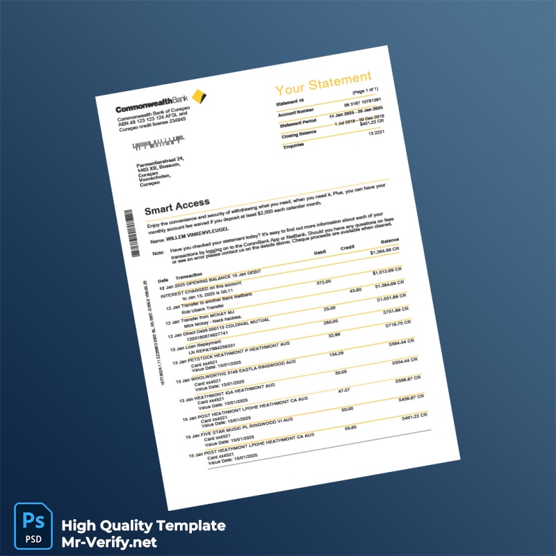 Curaçao Commonwealth Bank Statement Template in Word and PDF formats Curaçao Commonwealth Bank Statement Template in Word and PDF formats